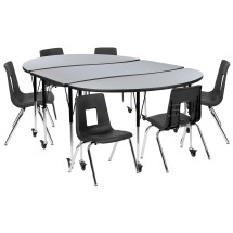Flash Furniture XU-GRP-16CH-A3060CON-60-GY-T-A-CAS-GG Mobile 86" Oval Wave Flexible Laminate Activity Table with 16" Student Stack Chairs, Grey/Black