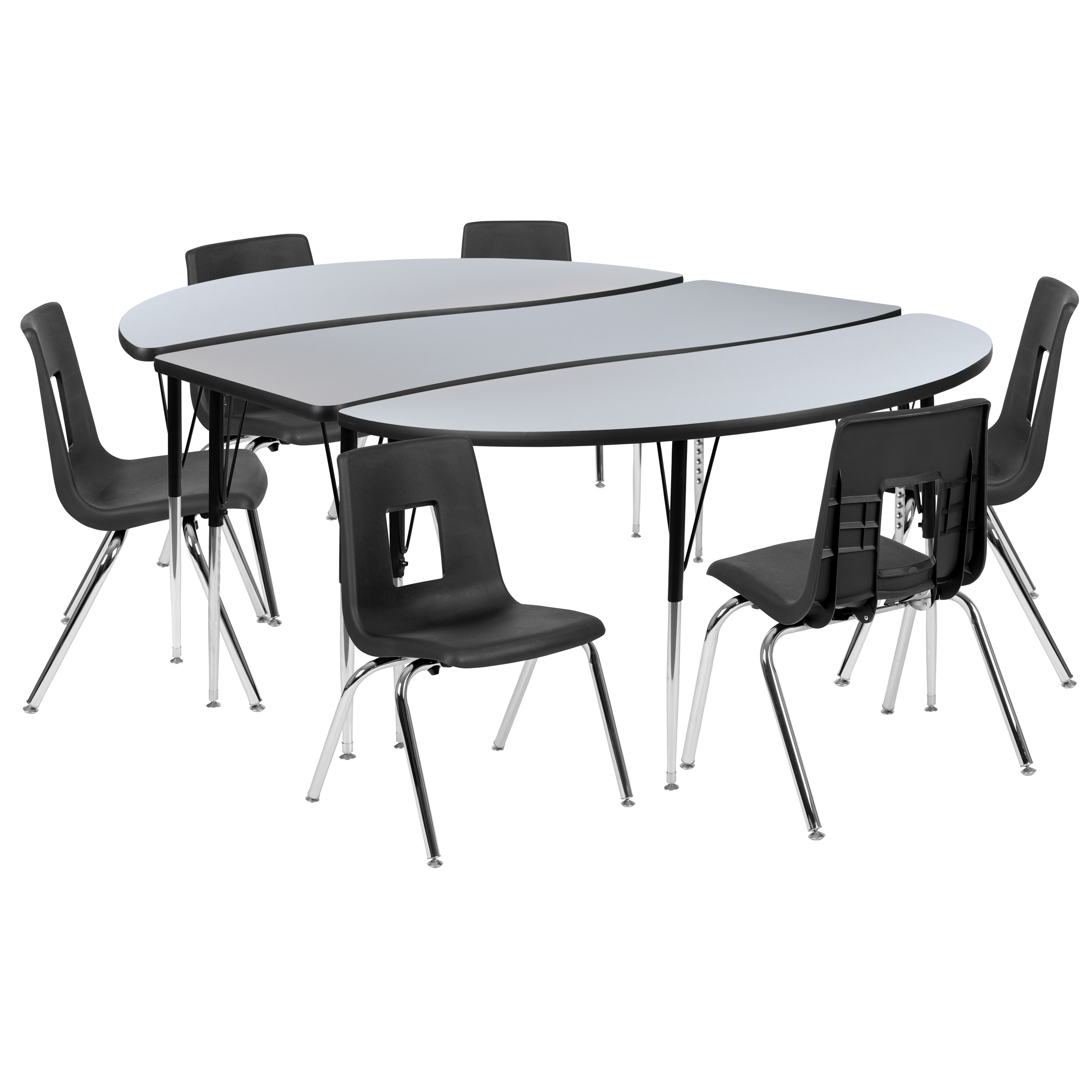 Flash Furniture XU-GRP-16CH-A3060CON-60-GY-T-A-GG 86" Oval Wave Flexible Laminate Activity Table with 16" Student Stack Chairs, Grey/Black