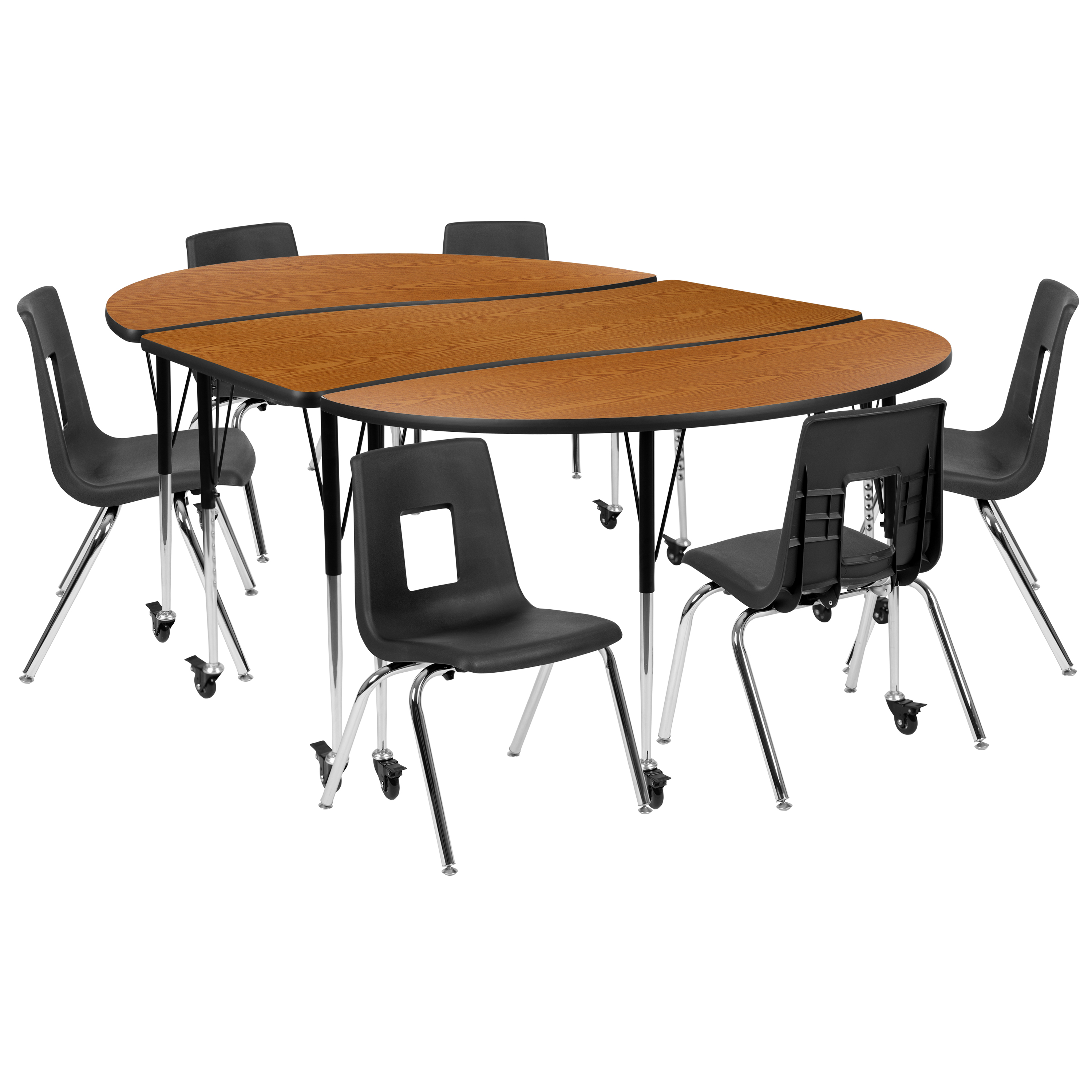 Flash Furniture XU-GRP-16CH-A3060CON-60-OAK-T-A-CAS-GG Mobile 86" Oval Wave Flexible Laminate Activity Table with 16" Student Stack Chairs, Oak/Black