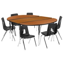 Flash Furniture XU-GRP-16CH-A3060CON-60-OAK-T-A-GG 86" Oval Wave Flexible Laminate Activity Table with 16" Student Stack Chairs, Oak/Black