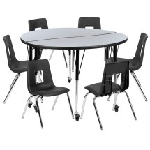 Flash Furniture XU-GRP-16CH-A48-HCIRC-GY-T-A-CAS-GG Mobile 47.5" Circle Wave Flexible Laminate Activity Table Set with 16" Student Stack Chairs, Grey/Black