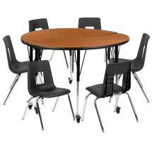 Flash Furniture XU-GRP-16CH-A48-HCIRC-OAK-T-A-CAS-GG Mobile 47.5" Circle Wave Flexible Laminate Activity Table Set with 16" Student Stack Chairs, Oak/Black