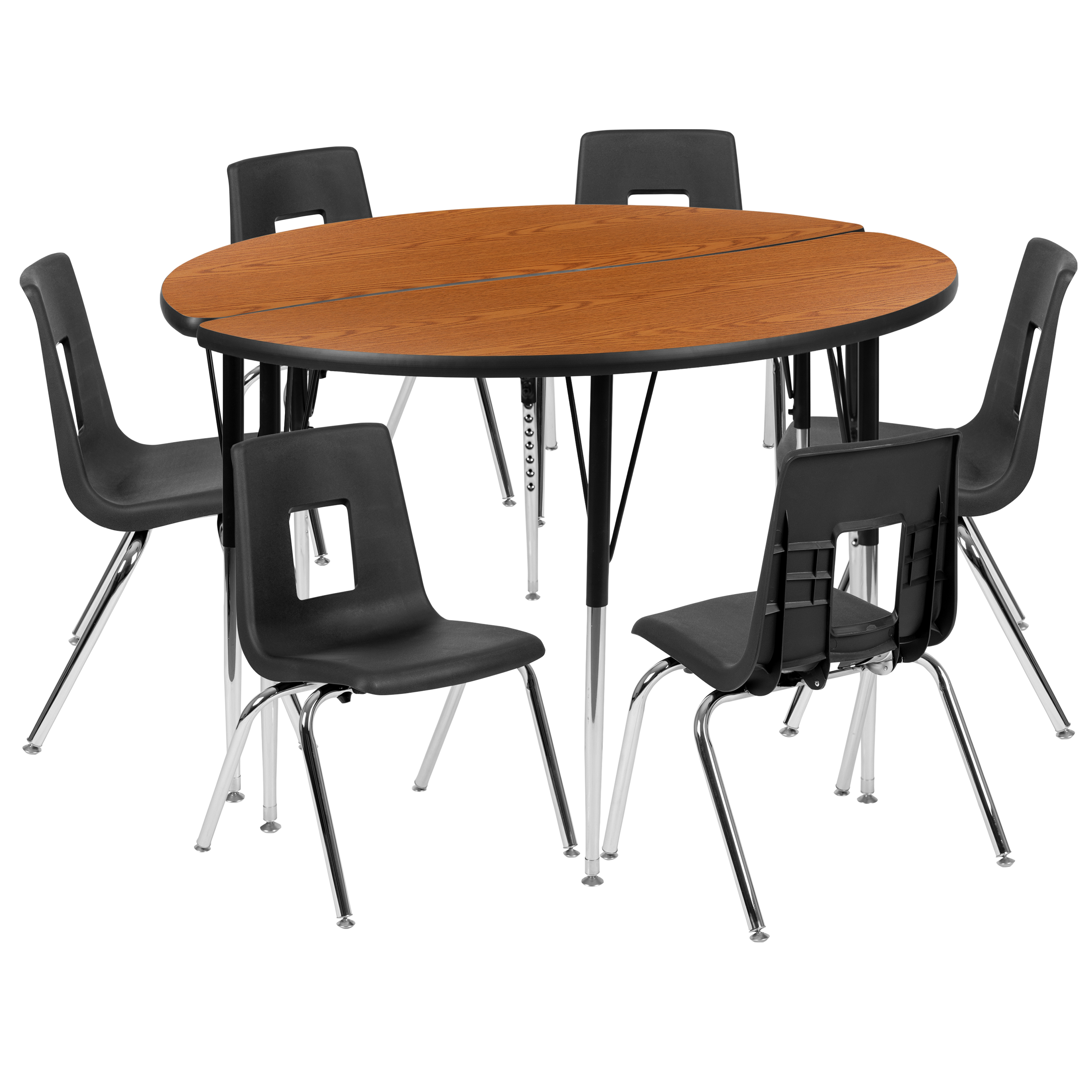 Flash Furniture XU-GRP-16CH-A48-HCIRC-OAK-T-A-GG 47.5" Circle Wave Laminate Activity Table Set with 16" Stack Chairs, Oak/Black