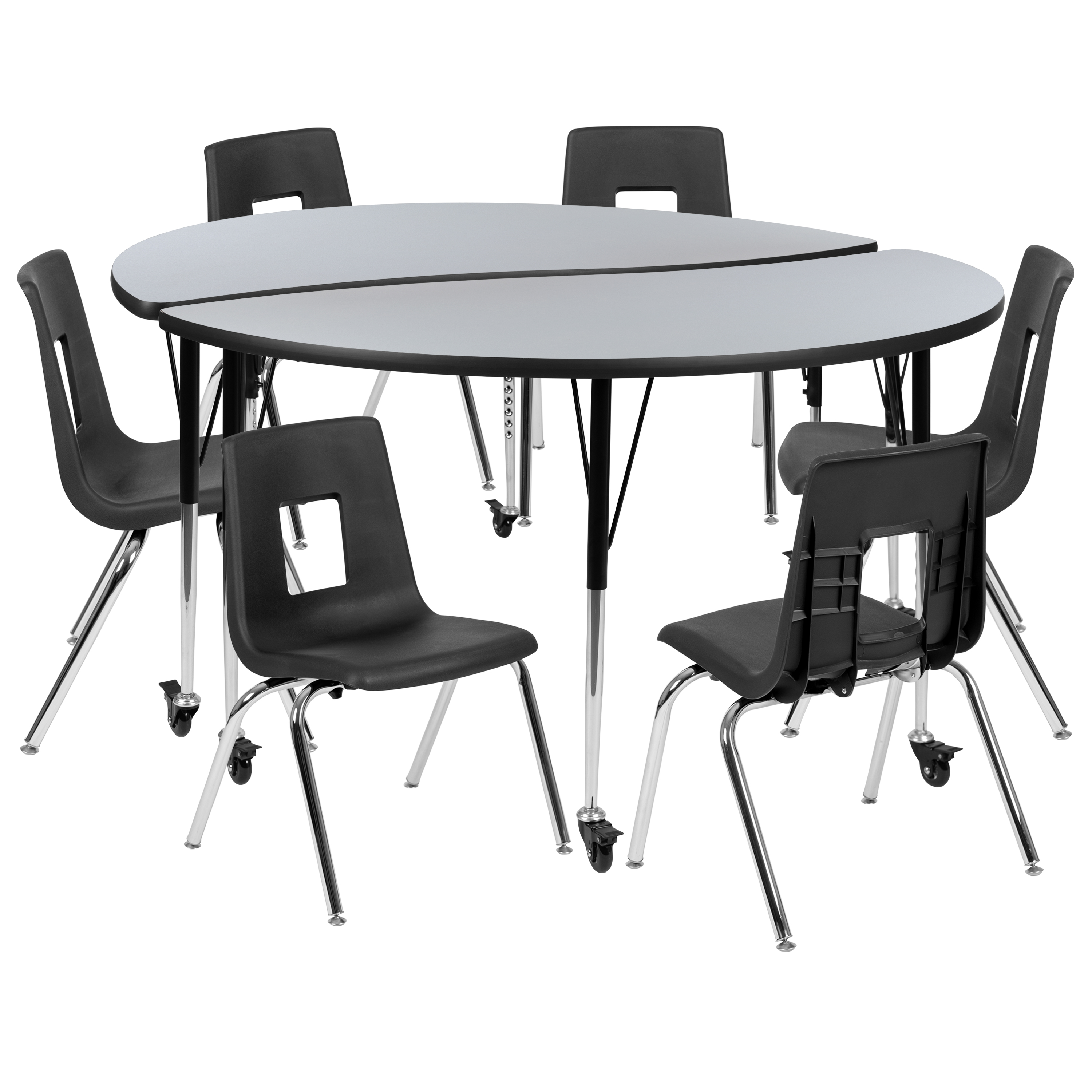 Flash Furniture XU-GRP-16CH-A60-HCIRC-GY-T-A-CAS-GG Mobile 60" Circle Wave Laminate Activity Table Set with 16" Stack Chairs, Gray/Black
