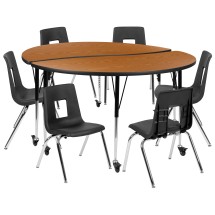 Flash Furniture XU-GRP-16CH-A60-HCIRC-OAK-T-A-CAS-GG Mobile 60&quot; Circle Wave Flexible Laminate Activity Table Set with 16&quot; Student Stack Chairs, Oak/Black