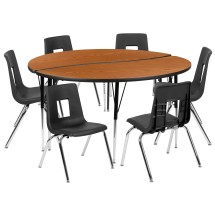Flash Furniture XU-GRP-16CH-A60-HCIRC-OAK-T-A-GG 60" Circle Wave Flexible Laminate Activity Table Set with 16" Student Stack Chairs, Oak/Black