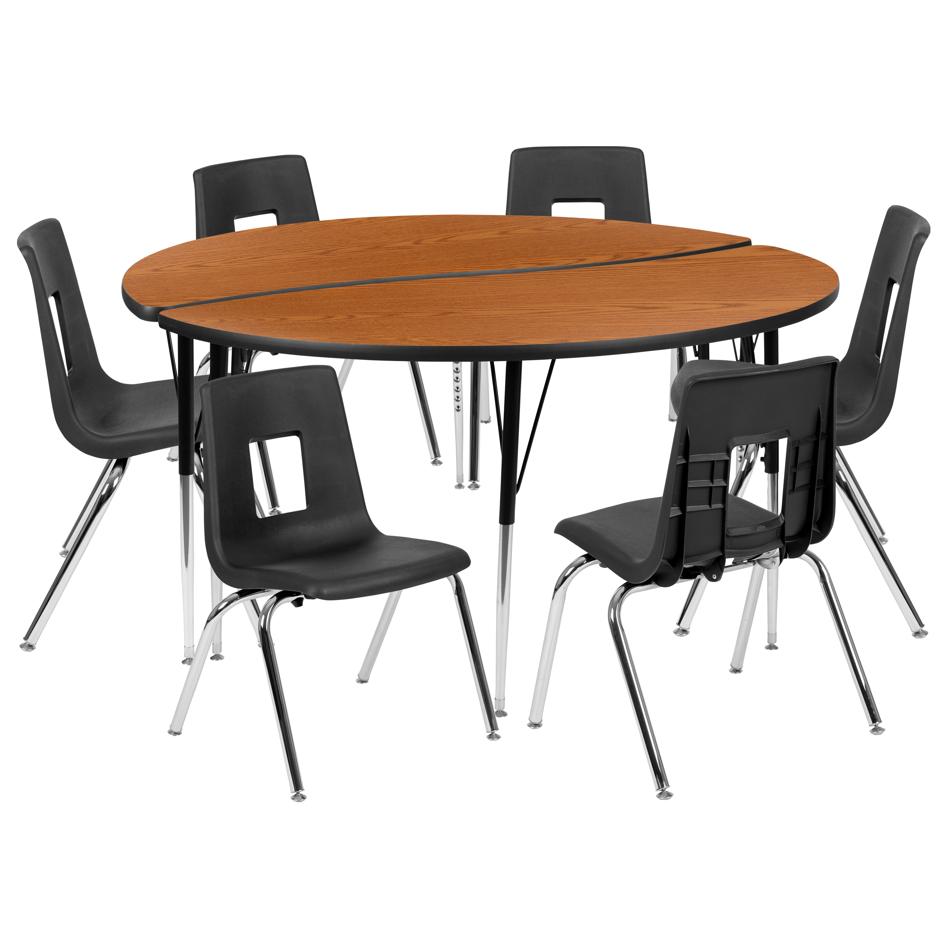 Flash Furniture XU-GRP-16CH-A60-HCIRC-OAK-T-A-GG 60" Circle Wave Flexible Laminate Activity Table Set with 16" Student Stack Chairs, Oak/Black