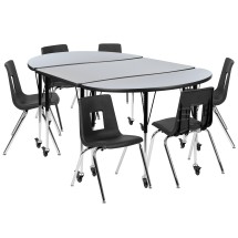 Flash Furniture XU-GRP-18CH-A3048CON-48-GY-T-A-CAS-GG Mobile 76" Oval Wave Laminate Activity Table Set with 18" Stack Chairs, Gray/Black
