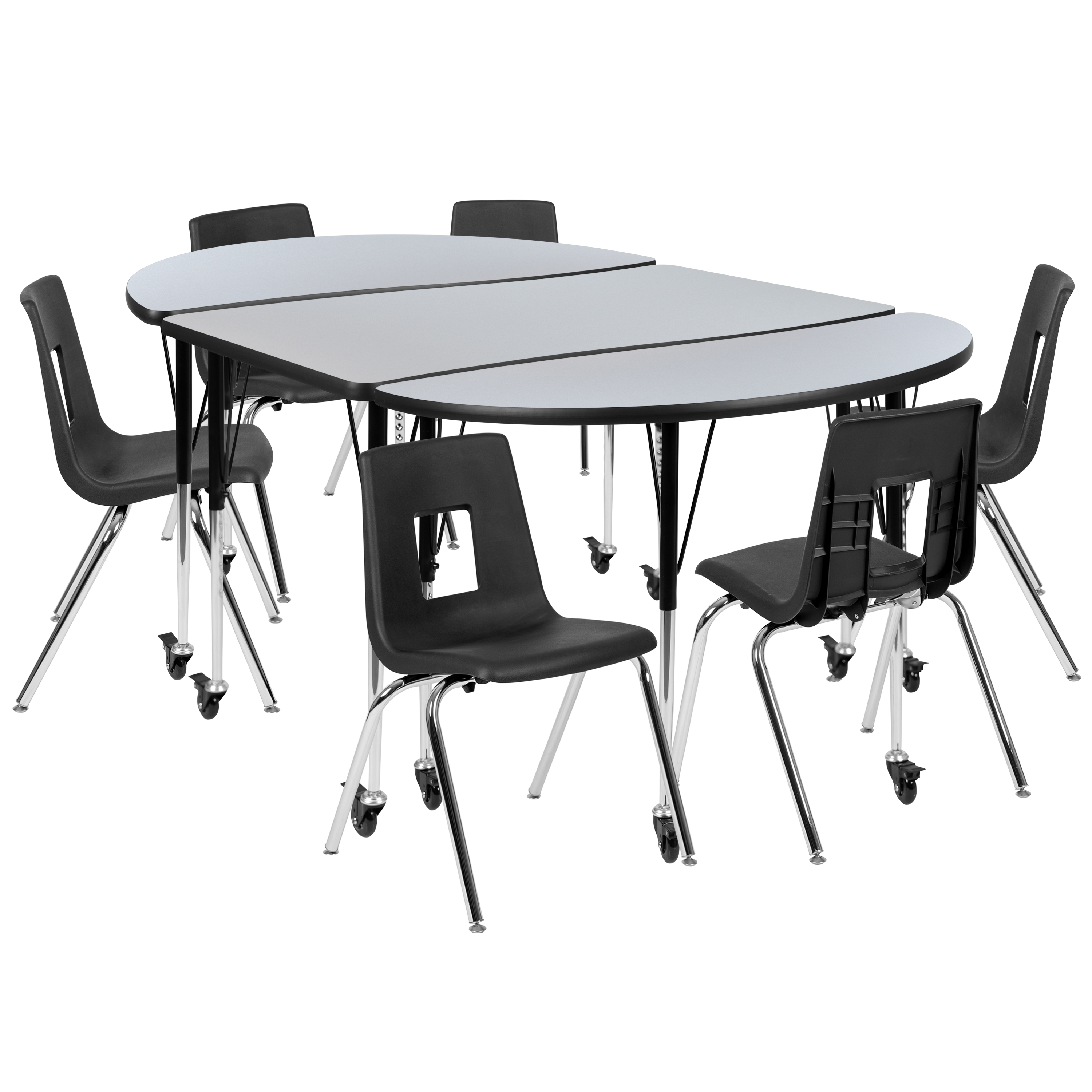 Flash Furniture XU-GRP-18CH-A3048CON-48-GY-T-A-CAS-GG Mobile 76" Oval Wave Flexible Laminate Activity Table Set with 18" Student Stack Chairs, Grey/Black