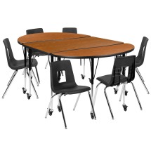 Flash Furniture XU-GRP-18CH-A3048CON-48-OAK-T-A-CAS-GG Mobile 76" Oval Wave Flexible Laminate Activity Table Set with 18" Student Stack Chairs, Oak/Black
