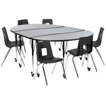 Flash Furniture XU-GRP-18CH-A3060CON-60-GY-T-A-CAS-GG Mobile 86" Oval Wave Flexible Laminate Activity Table Set with 18" Student Stack Chairs, Grey/Black