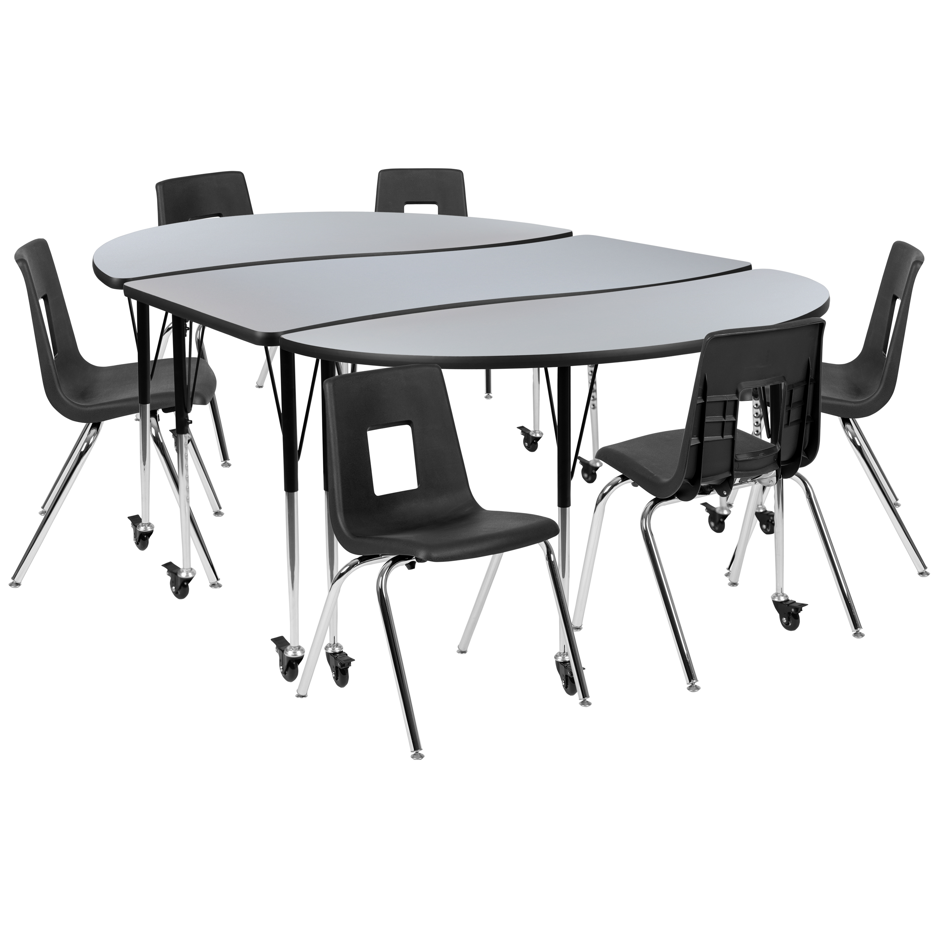 Flash Furniture XU-GRP-18CH-A3060CON-60-GY-T-A-CAS-GG Mobile 86" Oval Wave Laminate Activity Table Set with 18" Stack Chairs, Gray/Black