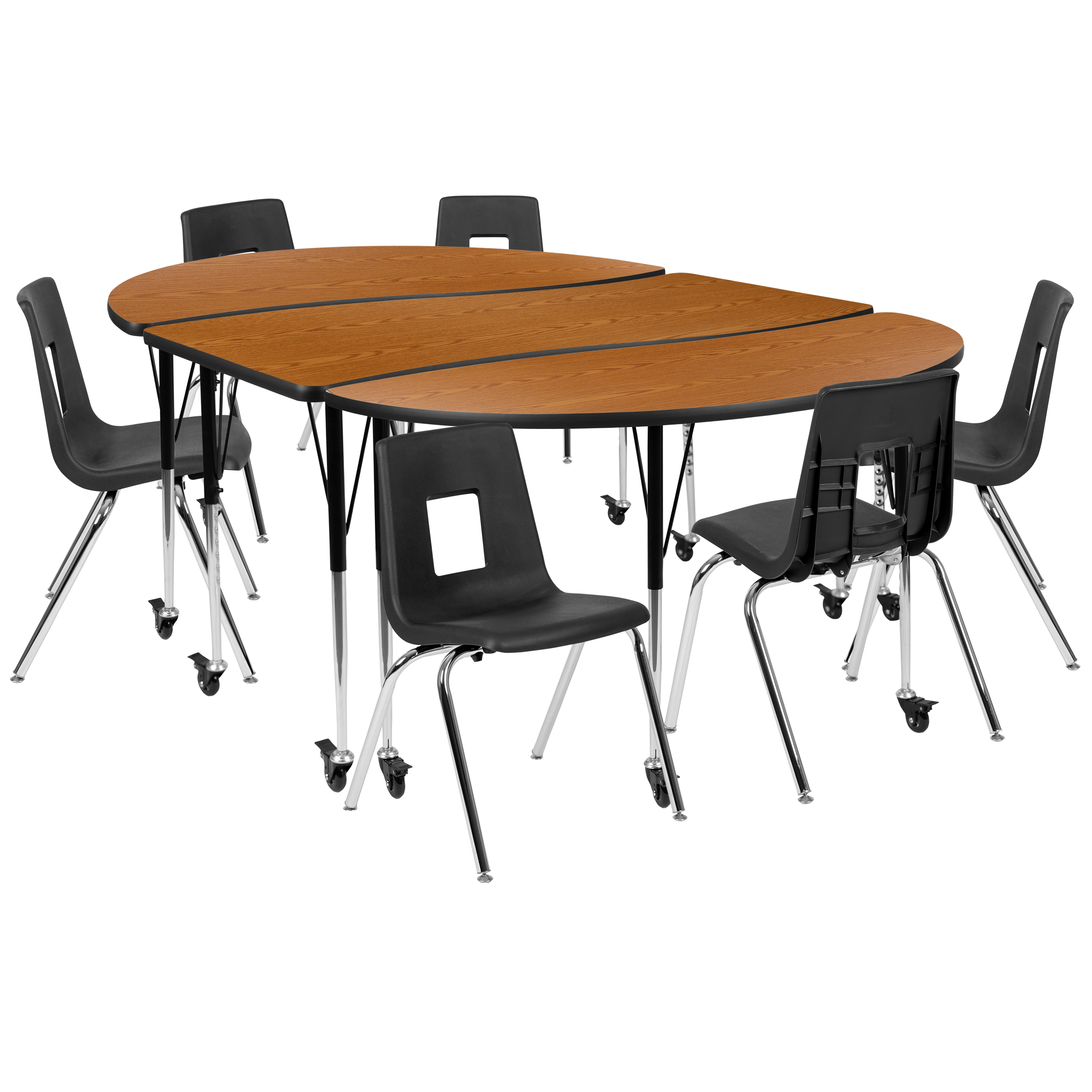 Flash Furniture XU-GRP-18CH-A3060CON-60-OAK-T-A-CAS-GG Mobile 86" Oval Wave Flexible Laminate Activity Table Set with 18" Student Stack Chairs, Oak/Black