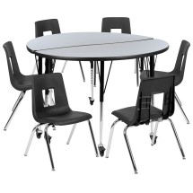 Flash Furniture XU-GRP-18CH-A48-HCIRC-GY-T-A-CAS-GG Mobile 47.5&quot; Circle Wave Flexible Laminate Activity Table Set with 18&quot; Student Stack Chairs, Grey/Black