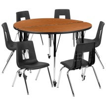 Flash Furniture XU-GRP-18CH-A48-HCIRC-OAK-T-A-CAS-GG Mobile 47.5" Circle Wave Laminate Activity Table Set with 18" Stack Chairs, Oak/Black