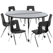 Flash Furniture XU-GRP-18CH-A60-HCIRC-GY-T-A-CAS-GG Mobile 60" Circle Wave Flexible Laminate Activity Table Set with 18" Student Stack Chairs, Grey/Black
