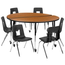 Flash Furniture XU-GRP-18CH-A60-HCIRC-OAK-T-A-CAS-GG Mobile 60" Circle Wave Flexible Laminate Activity Table Set with 18" Student Stack Chairs, Oak/Black