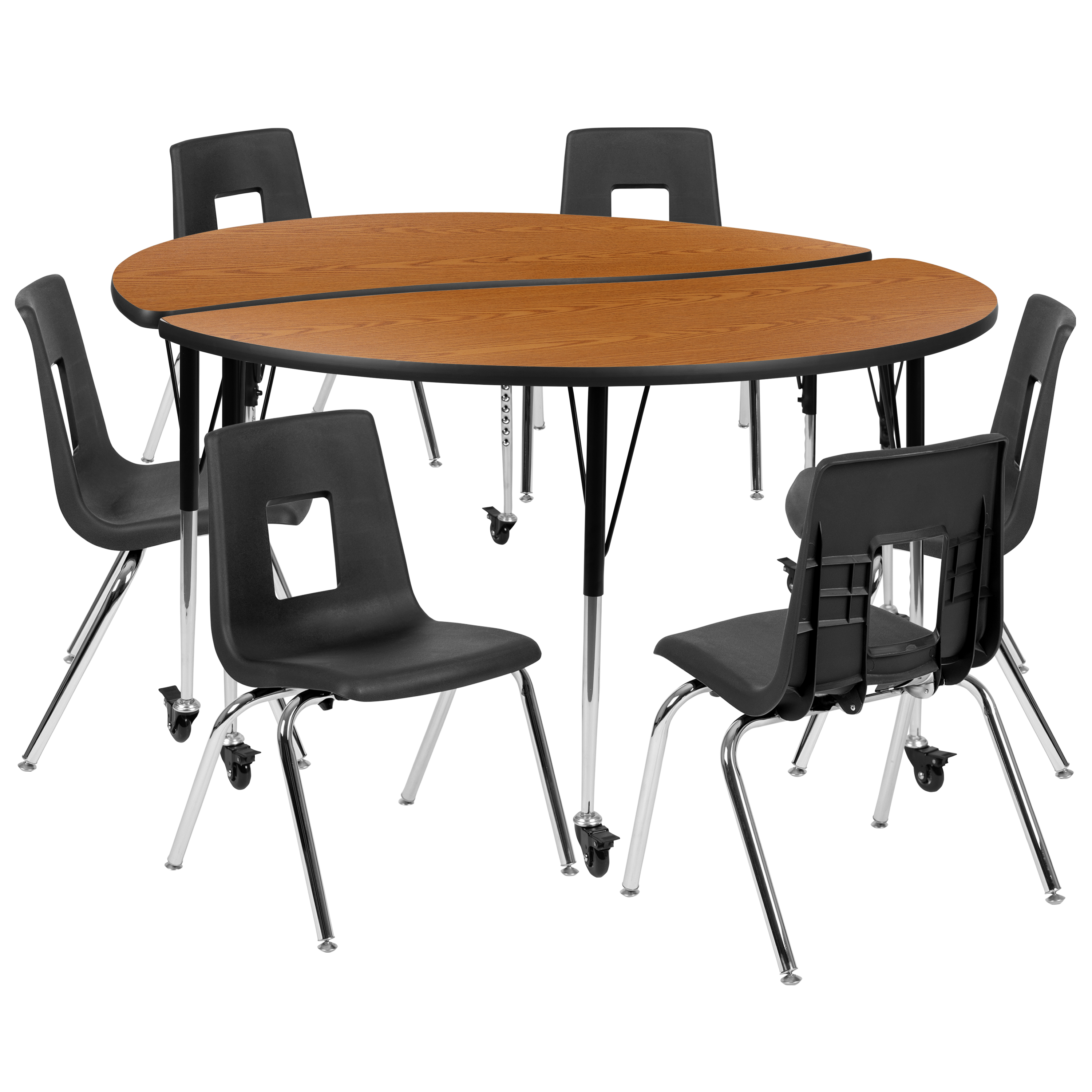 Flash Furniture XU-GRP-18CH-A60-HCIRC-OAK-T-A-CAS-GG Mobile 60" Circle Wave Flexible Laminate Activity Table Set with 18" Student Stack Chairs, Oak/Black