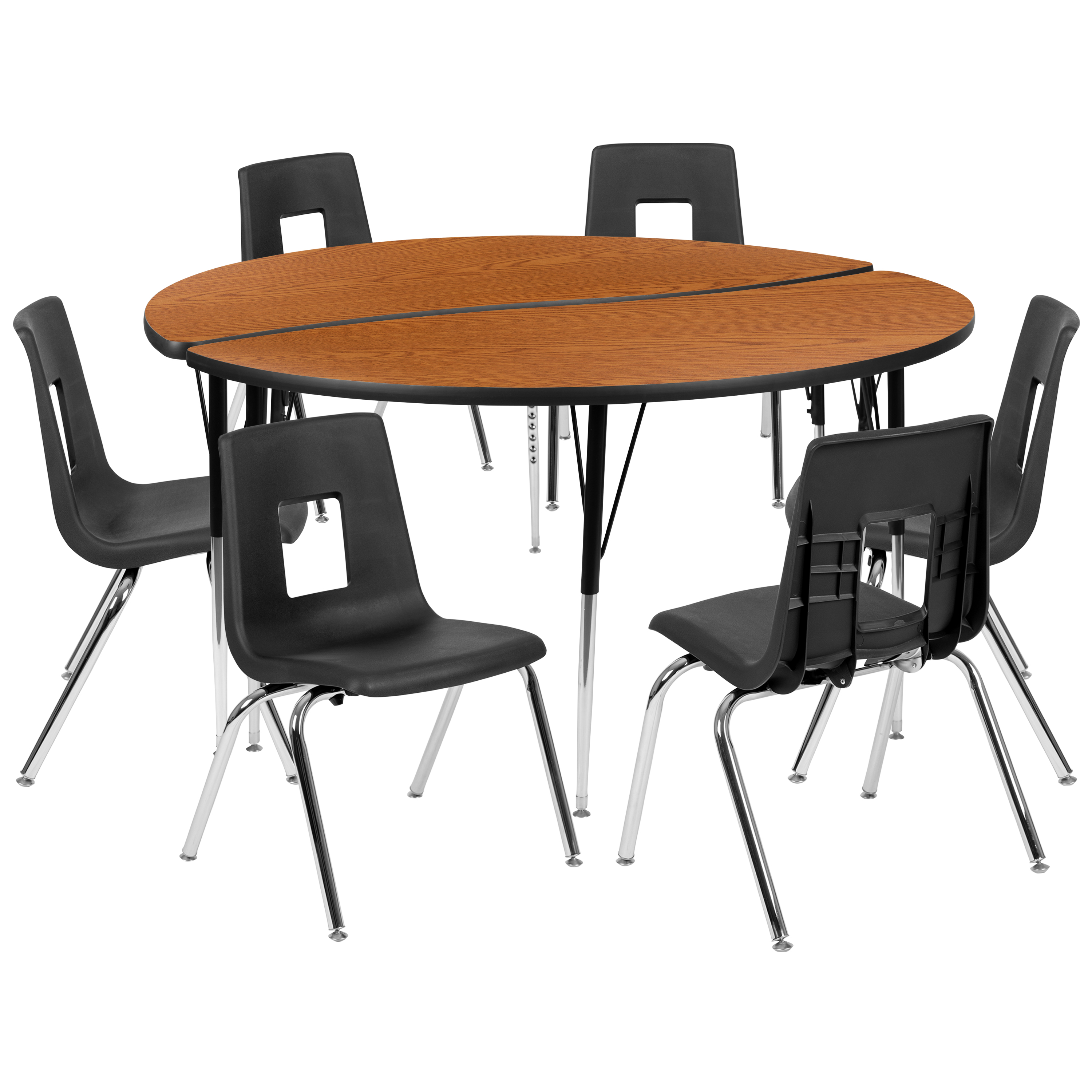 Flash Furniture XU-GRP-18CH-A60-HCIRC-OAK-T-A-GG 60" Circle Wave Flexible Laminate Activity Table Set with 18" Student Stack Chairs, Oak/Black