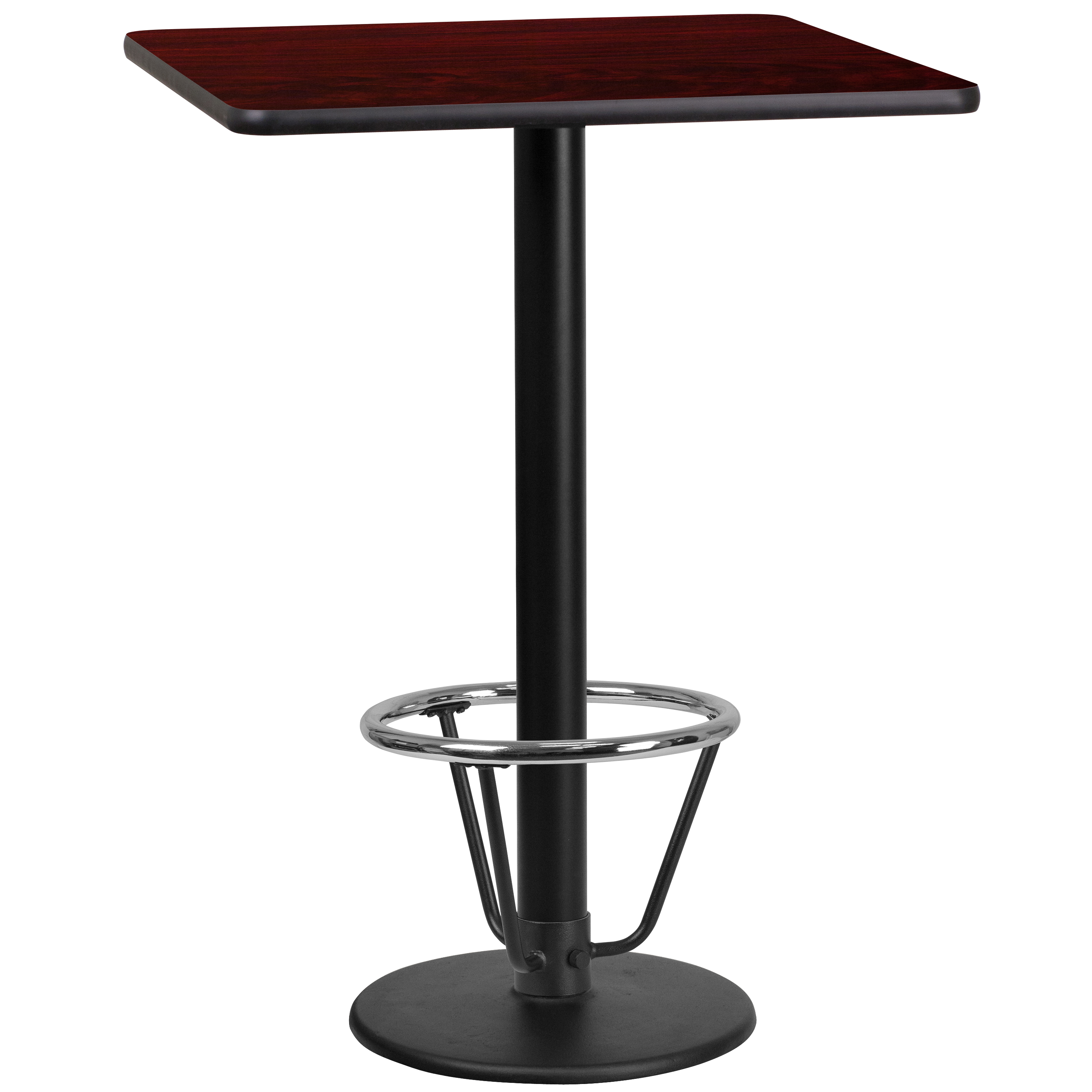 Flash Furniture XU-MAHTB-2424-TR18B-3CFR-GG 24'' Square Mahogany Laminate Table Top with 18'' Round Bar Height Table Base and Foot Ring