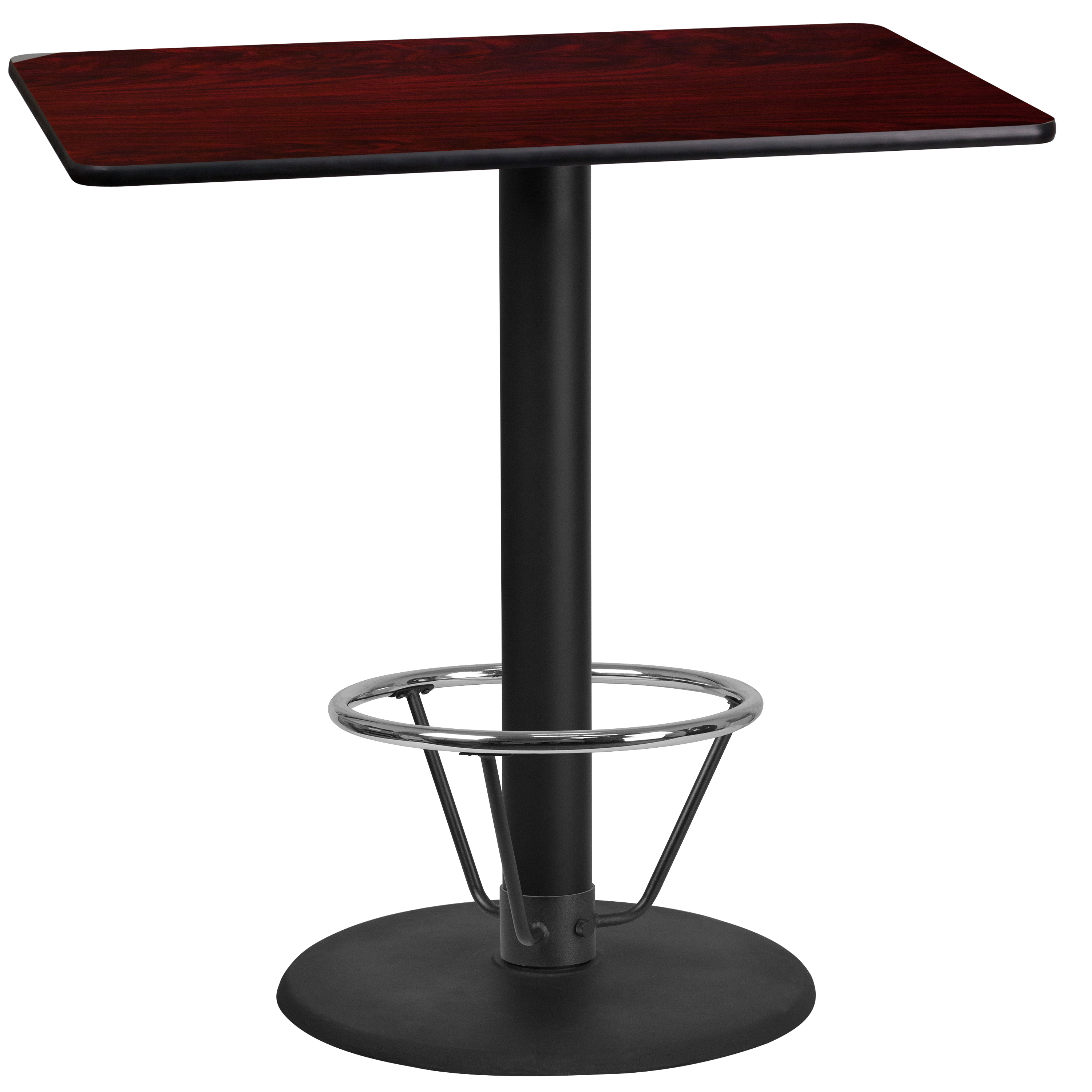 Flash Furniture XU-MAHTB-2442-TR24B-4CFR-GG 24'' x 42'' Rectangular Mahogany Laminate Table Top with 24'' Round Bar Height Table Base and Foot Ring