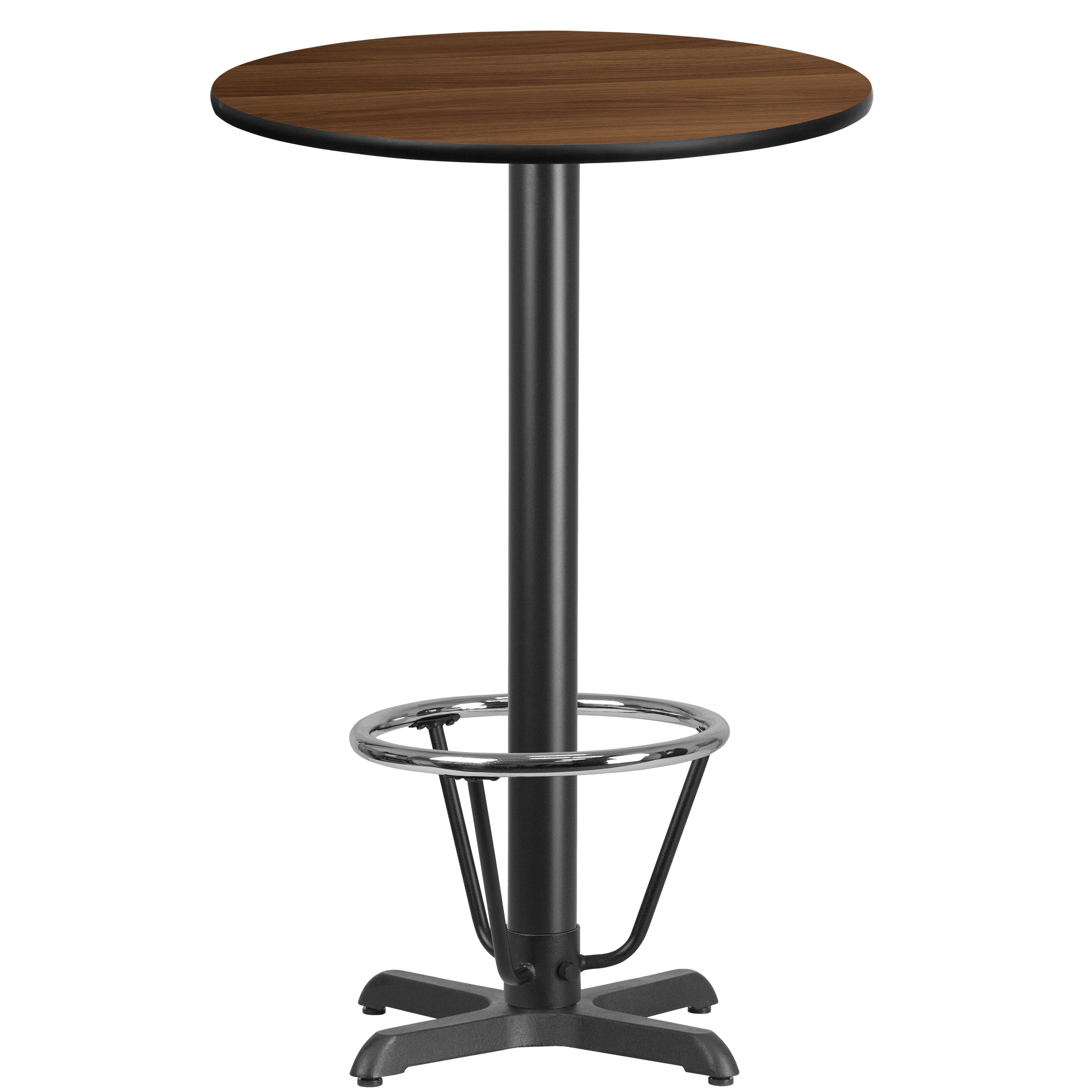 Flash Furniture XU-RD-24-WALTB-T2222B-3CFR-GG 24'' Round Walnut Laminate Table Top with 22'' x 22'' Bar Height Table Base and Foot Ring