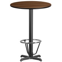 Flash Furniture XU-RD-30-WALTB-T2222B-3CFR-GG 30'' Round Walnut Laminate Table Top with 22'' x 22'' Bar Height Table Base and Foot Ring
