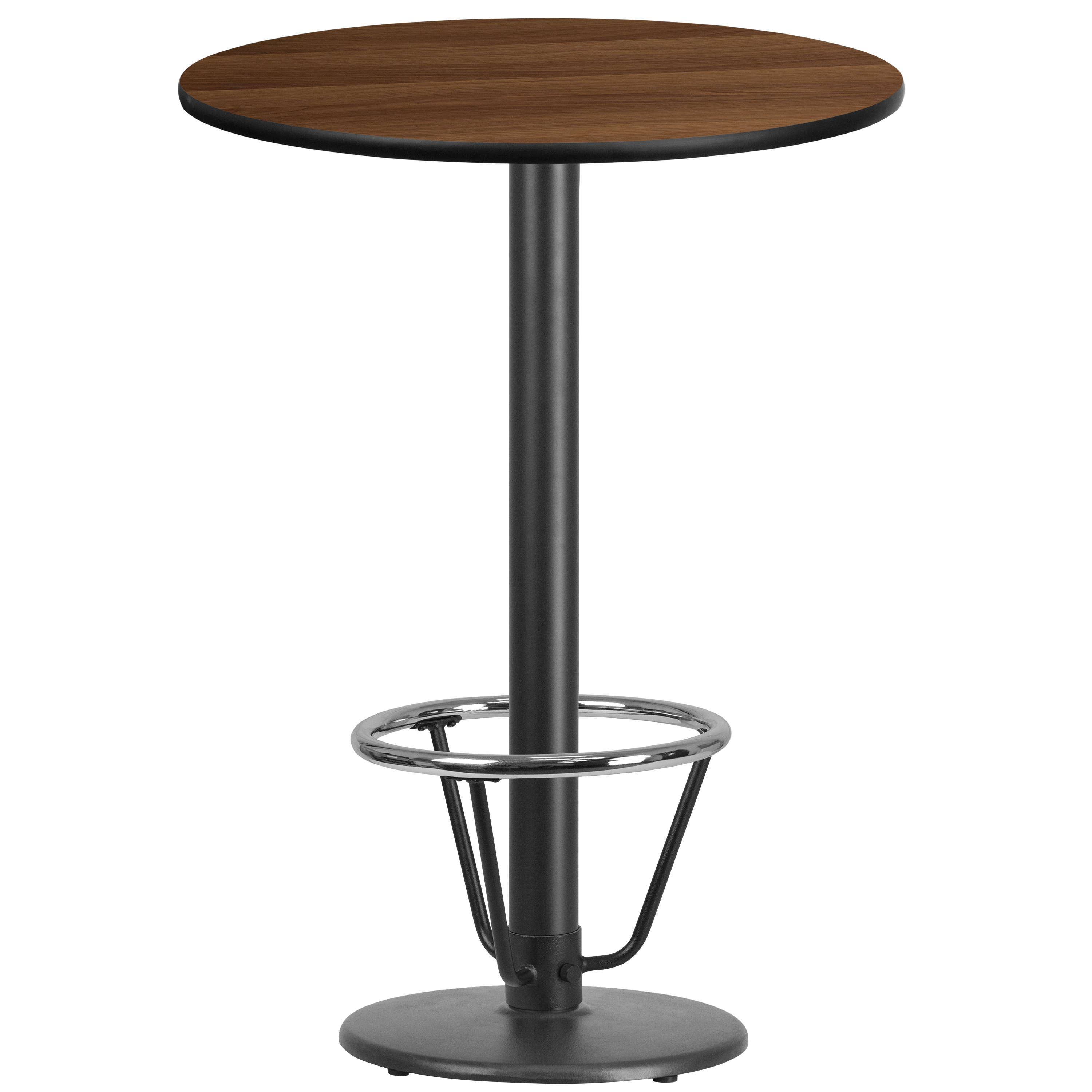 Flash Furniture XU-RD-30-WALTB-TR18B-3CFR-GG 30'' Round Walnut Laminate Table Top with 18'' Round Bar Height Table Base and Foot Ring