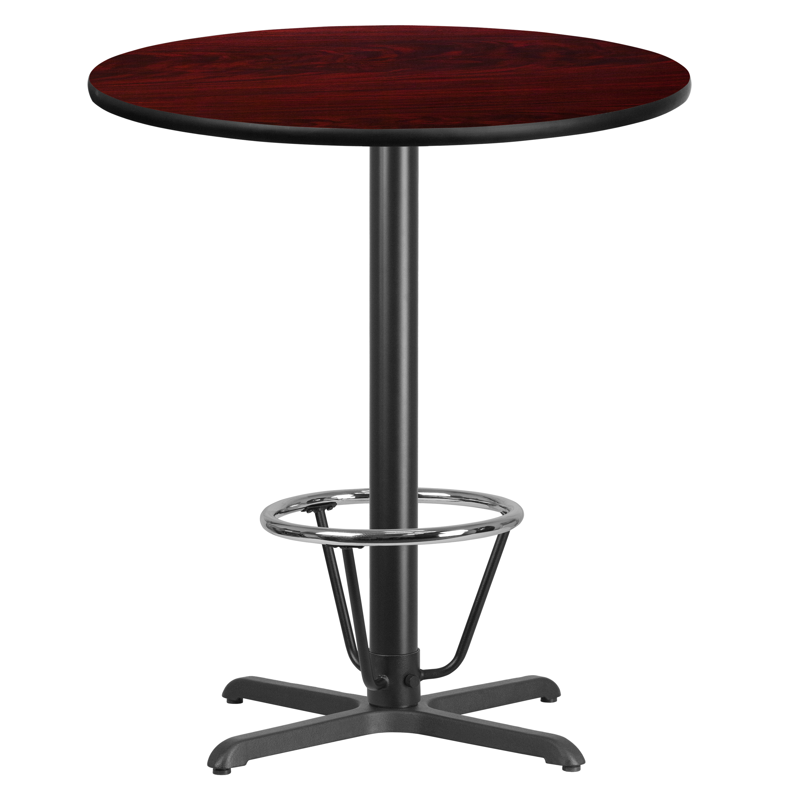 Flash Furniture XU-RD-36-MAHTB-T3030B-3CFR-GG 36'' Round Mahogany Laminate Table Top with 30'' x 30'' Bar Height Table Base and Foot Ring