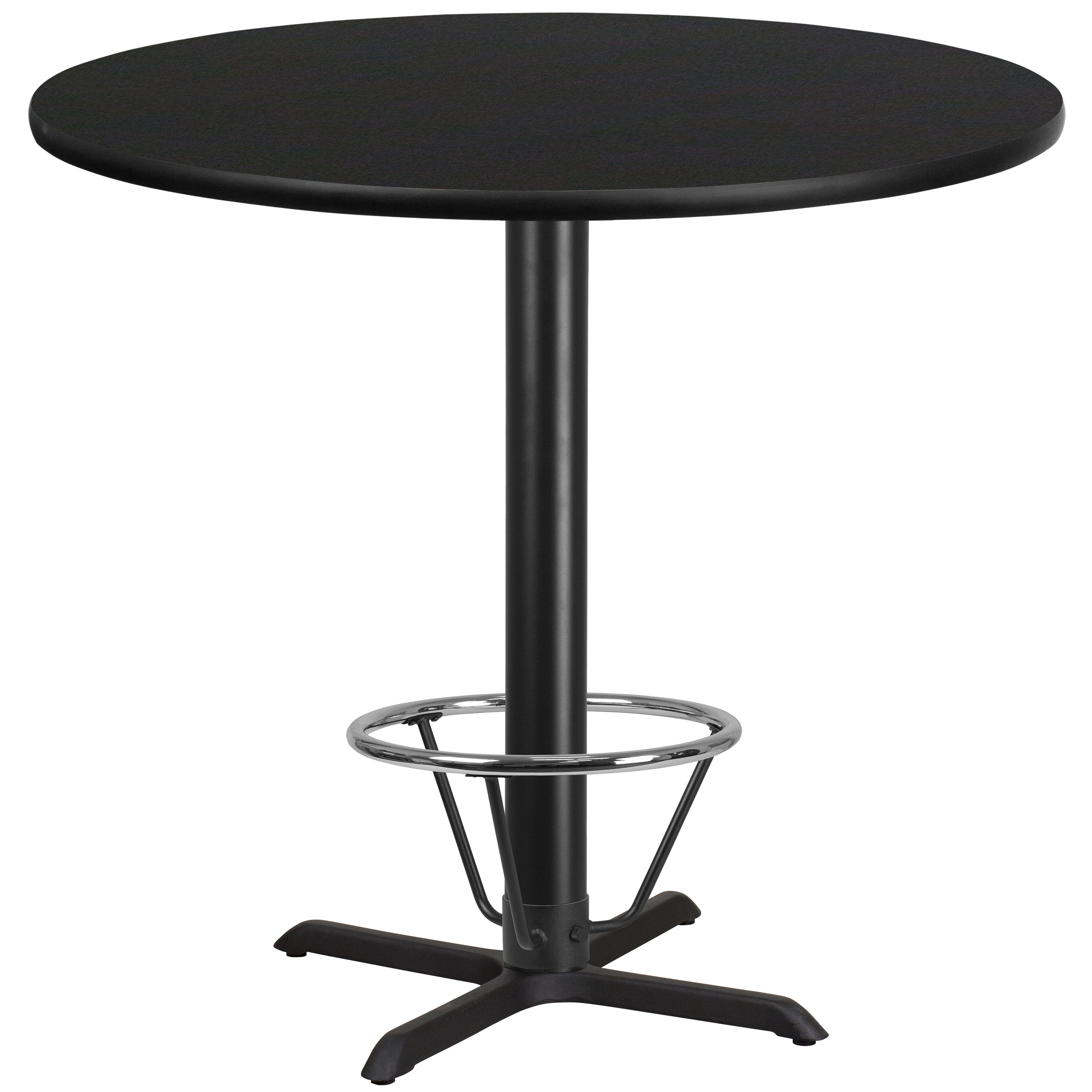 Flash Furniture XU-RD-42-BLKTB-T3333B-4CFR-GG 42'' Round Black Laminate Table Top with 33'' x 33'' Bar Height Table Base and Foot Ring