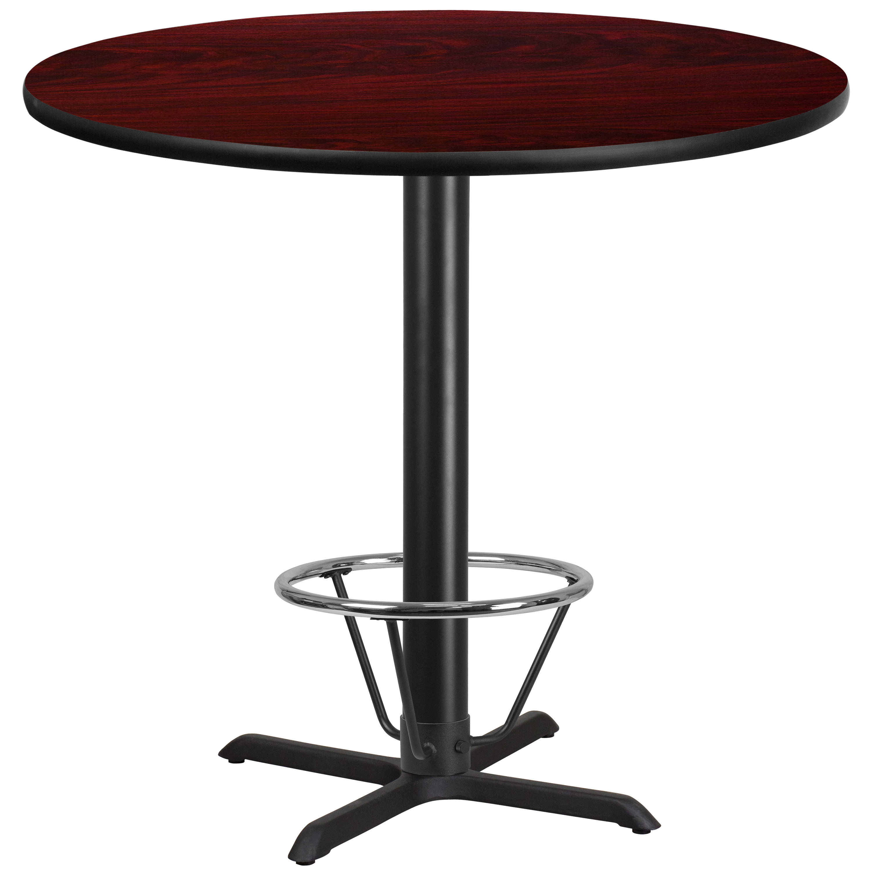 Flash Furniture XU-RD-42-MAHTB-T3333B-4CFR-GG 42'' Round Mahogany Laminate Table Top with 33'' x 33'' Bar Height Table Base and Foot Ring