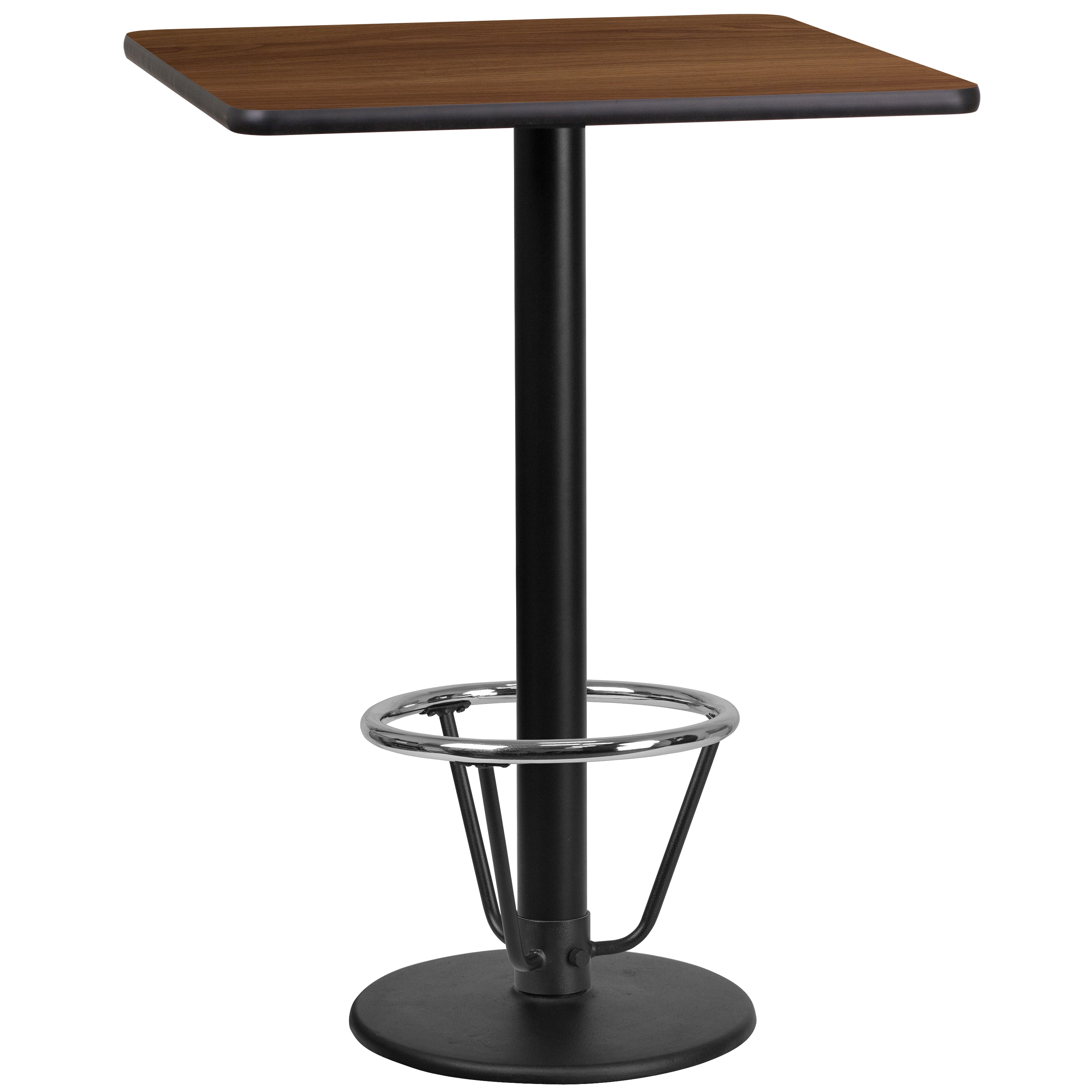Flash Furniture XU-WALTB-2424-TR18B-3CFR-GG 24'' Square Walnut Laminate Table Top with 18'' Round Bar Height Table Base and Foot Ring