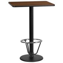Flash Furniture XU-WALTB-2430-TR18B-3CFR-GG 24'' x 30'' Rectangular Walnut Laminate Table Top with 18'' Round Bar Height Table Base and Foot Ring