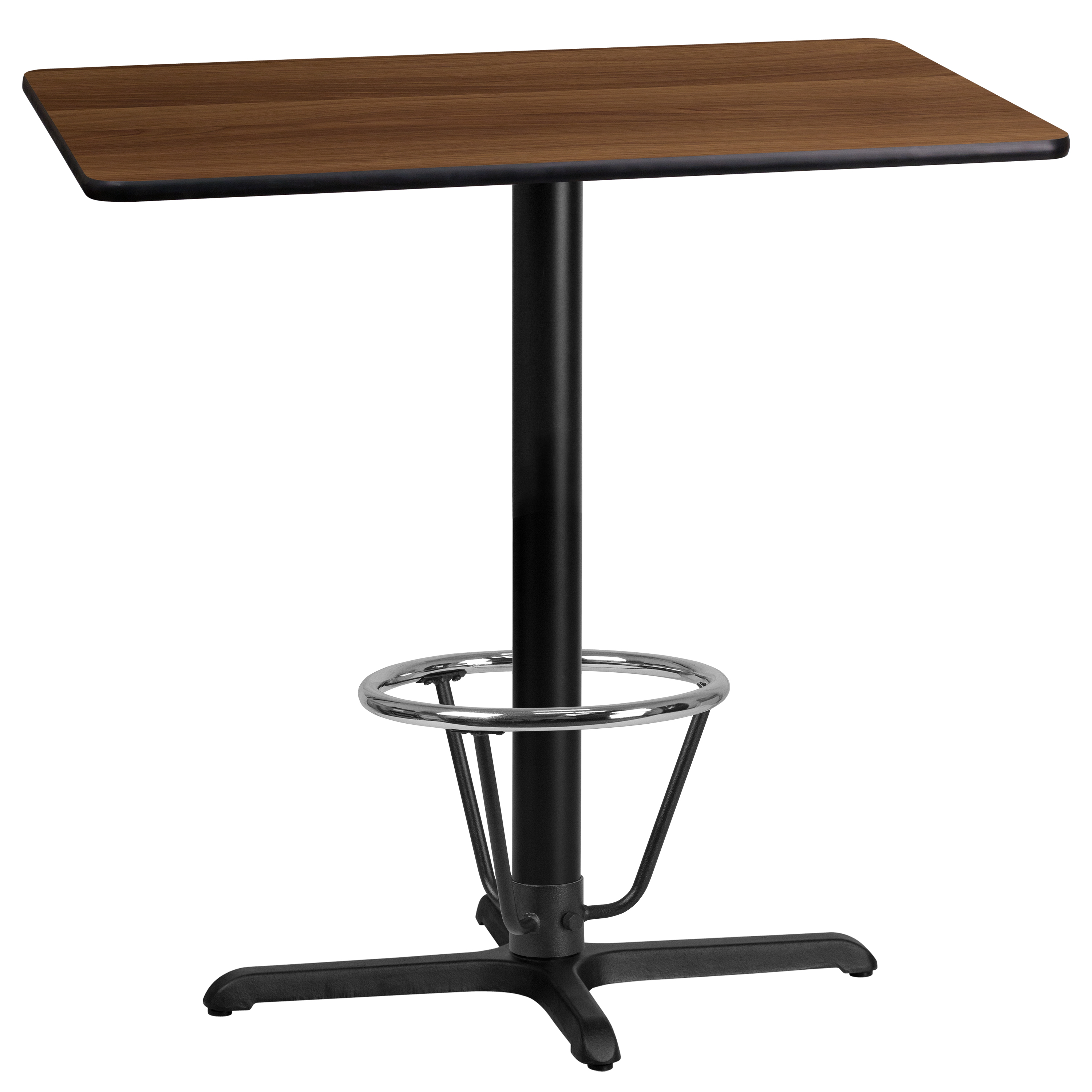 Flash Furniture XU-WALTB-2442-T2230B-3CFR-GG 24'' x 42'' Rectangle Walnut Laminate Table Top with 23.5'' x 29.5'' Bar Height Table Base