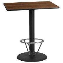 Flash Furniture XU-WALTB-3042-TR24B-4CFR-GG 30'' x 42'' Rectangular Walnut Laminate Table Top with 24'' Round Bar Height Table Base and Foot Ring