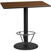 Flash Furniture XU-WALTB-3048-TR24B-4CFR-GG 30'' x 48'' Rectangular Walnut Laminate Table Top with 24'' Round Bar Height Table Base and Foot Ring