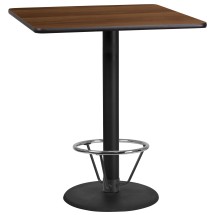 Flash Furniture XU-WALTB-3636-TR24B-4CFR-GG 36'' Square Walnut Laminate Table Top with 24'' Round Bar Height Table Base and Foot Ring