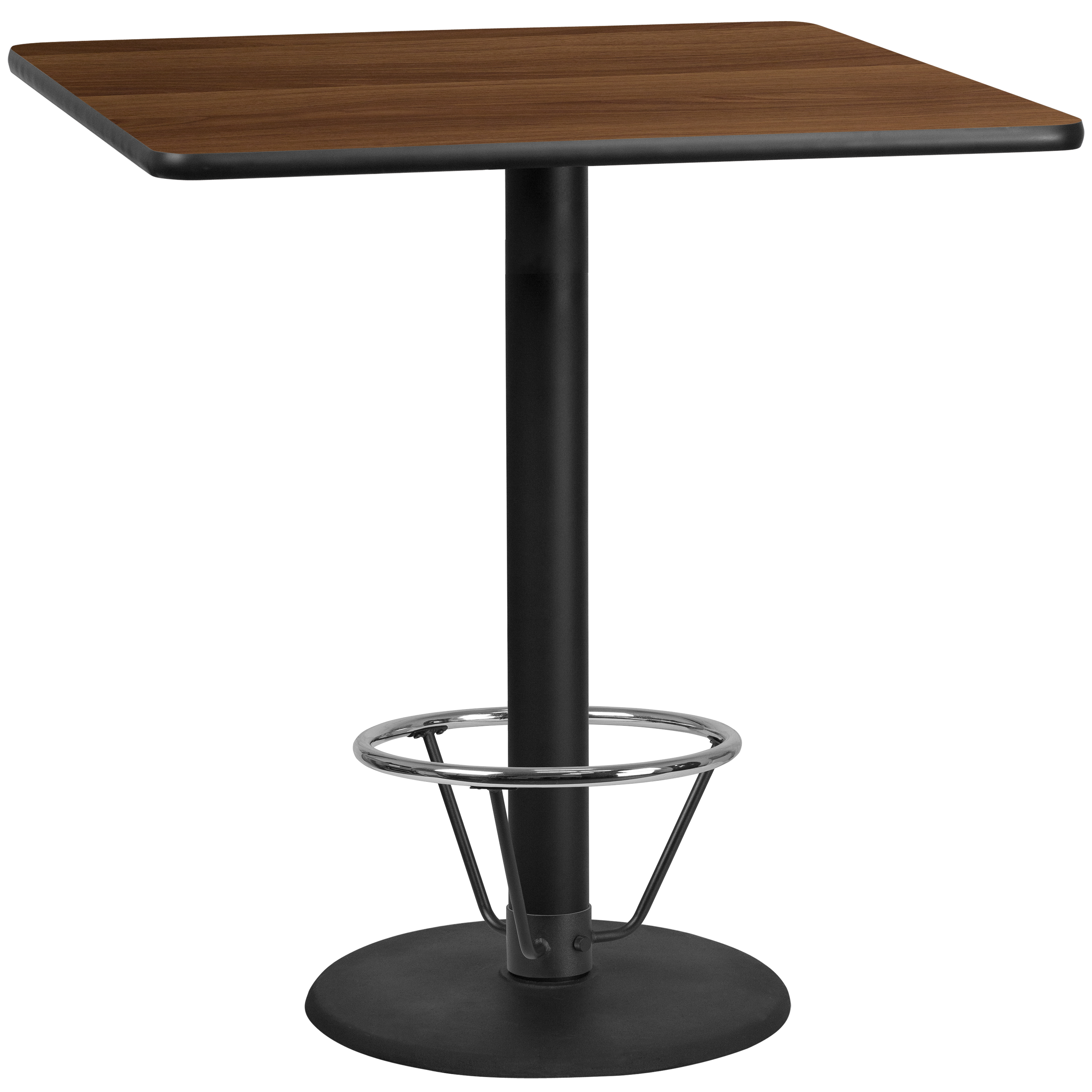 Flash Furniture XU-WALTB-4242-TR24B-4CFR-GG 42'' Square Walnut Laminate Table Top with 24'' Round Bar Height Table Base and Foot Ring