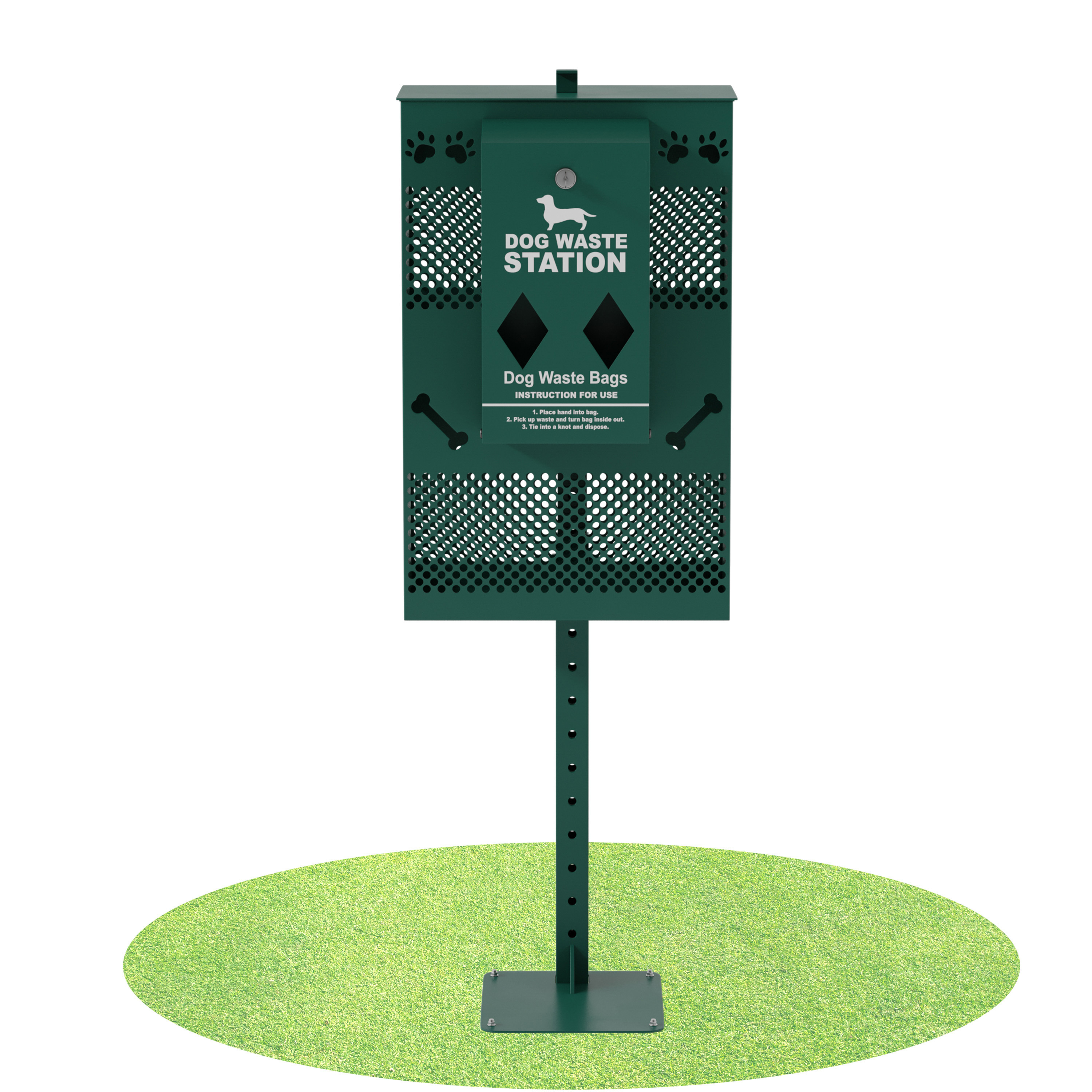 Flash Furniture YAN-G5S065425-GG Green Compact Dog Waste Station with Rectangular Lidded Trash Can, Locking Roll Waste Bag Dispenser