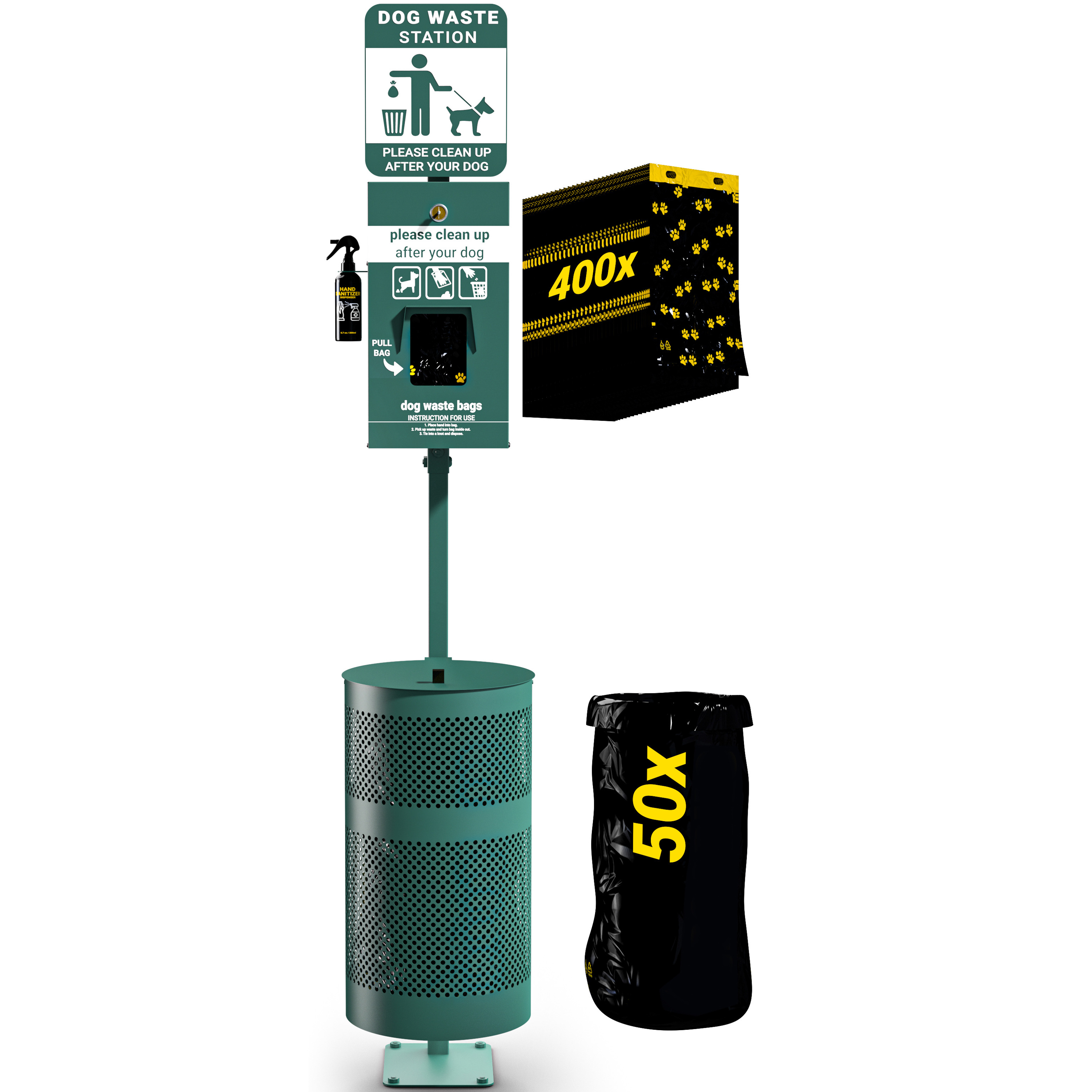 Flash Furniture YAN-NNRE55425-GG Green Pet Waste Station with Bag Dispenser, Sanitizer Bottle, Lidded Trash Can