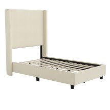 Flash Furniture YK-1077-BEIGE-T-GG Twin Upholstered Platform Bed with Channel Stitched Wingback Headboard, Beige