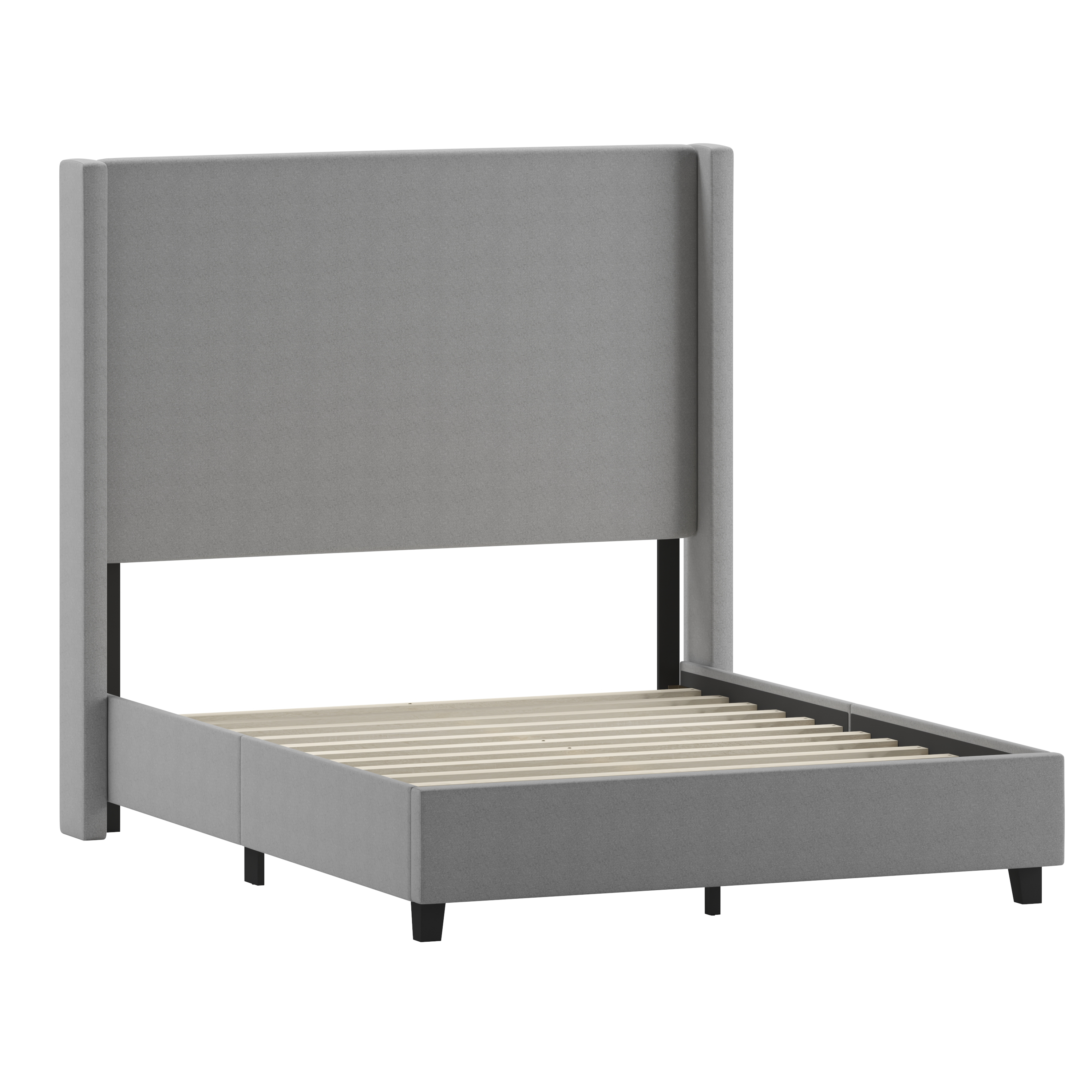 Flash Furniture YK-1077-GY-F-GG Full Upholstered Platform Bed with Channel Stitched Wingback Headboard, Gray