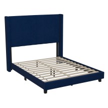 Flash Furniture YK-1079-NAVY-F-GG Full Upholstered Platform Bed with Vertical Stitched Wingback Headboard, Navy Velvet