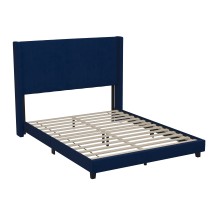 Flash Furniture YK-1079-NAVY-Q-GG Queen Upholstered Platform Bed with Vertical Stitched Wingback Headboard, Navy Velvet