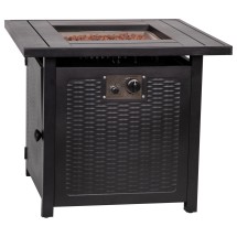 Flash Furniture YO-GYM80015-BK-GG Outdoor 28" Square Black Metal Fire Pit Table with Lava Rocks with Wicker Base, 50,000 BTU