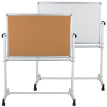 Flash Furniture YU-YCI-001-CK-GG 45.25"W x 54.75"H Reversible Mobile Cork Bulletin Board and White Board with Pen Tray