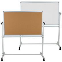 Flash Furniture YU-YCI-002-CK-GG 53"W x 59"H Reversible Mobile Cork Bulletin Board and White Board with Pen Tray