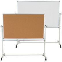Flash Furniture YU-YCI-005-CK-GG 64.25"W x 64.75"H Reversible Mobile Cork Bulletin Board and White Board with Pen Tray