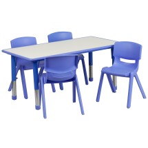 Flash Furniture YU-YCY-060-0034-RECT-TBL-BLUE-GG 23.625''W x 47.25''L Rectangular Blue Plastic Height Adjustable Activity Table with 4 Chairs