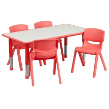 Flash Furniture YU-YCY-060-0034-RECT-TBL-RED-GG 23.625''W x 47.25''L Rectangular Red Plastic Height Adjustable Activity Table with 4 Chairs